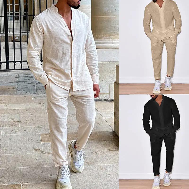 Men's summer linen two-piece outfit with pants by AdTec in cream, beige, and black (three color options)
