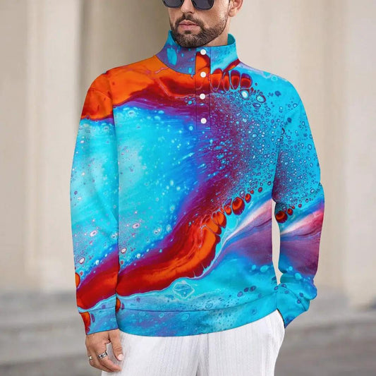 Men's stand-up collar long sleeve sweatshirt by Inkedjoy in blue and red abstract print with soft-touch fabric