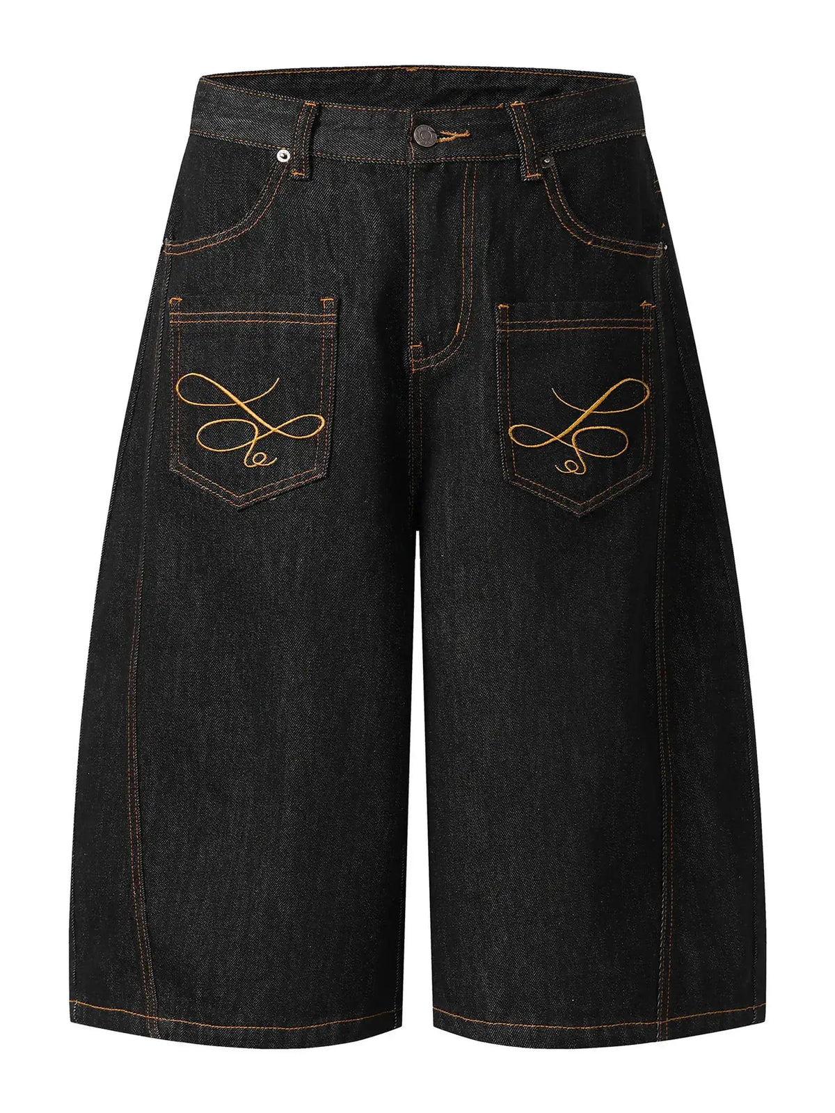 Men's wide-leg denim shorts with embroidered back pockets in dark denim cotton blend.
