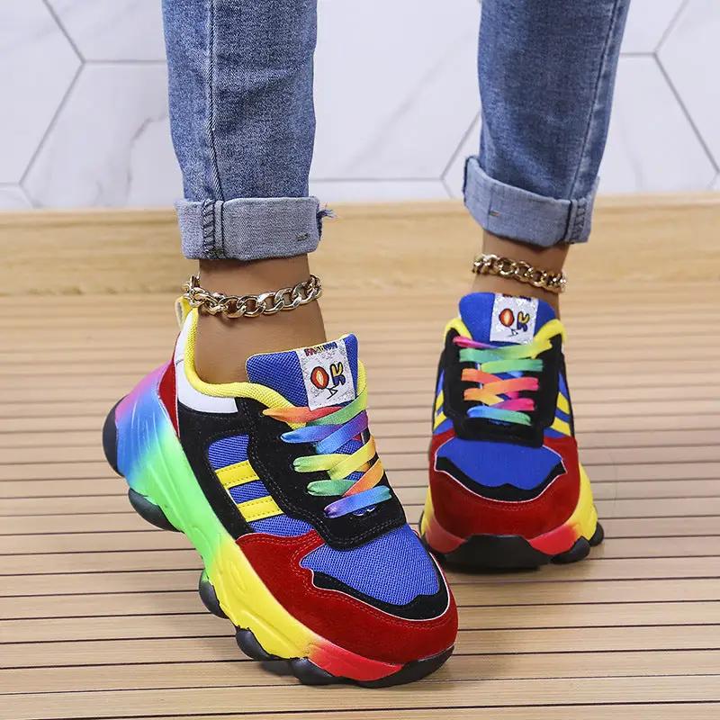 Pumps Women's multicolor front-lace sneakers with a thick rainbow sole, sports style