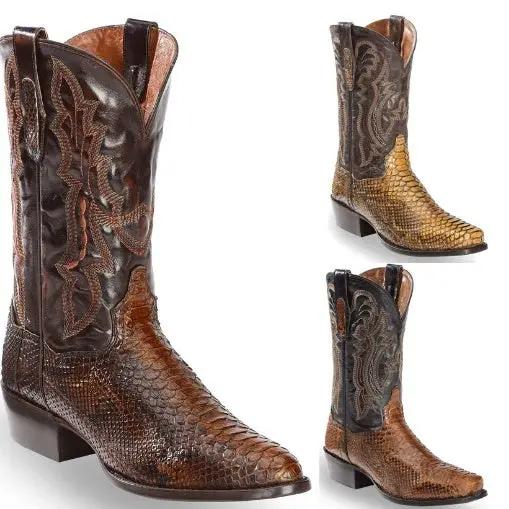 Cavanaugh men's quilted pointed-toe boots with embroidery by AdTec in brown snakeskin leather