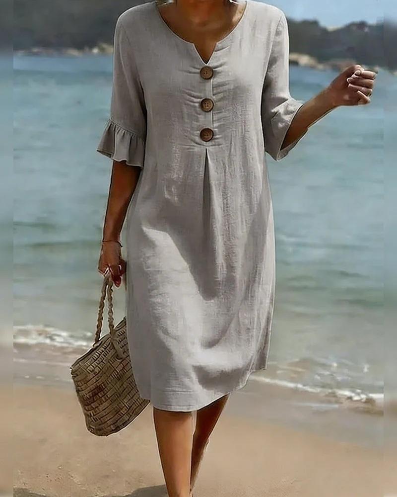 Summer women's solid cotton dress with three wooden buttons, light beige, knee-length, beach-ready