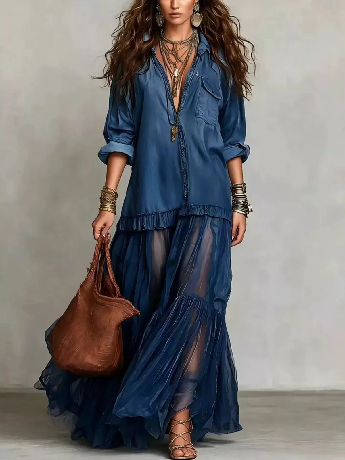 Trendsi blue denim shirt maxi dress with tiered sheer skirt, long sleeves, plus size