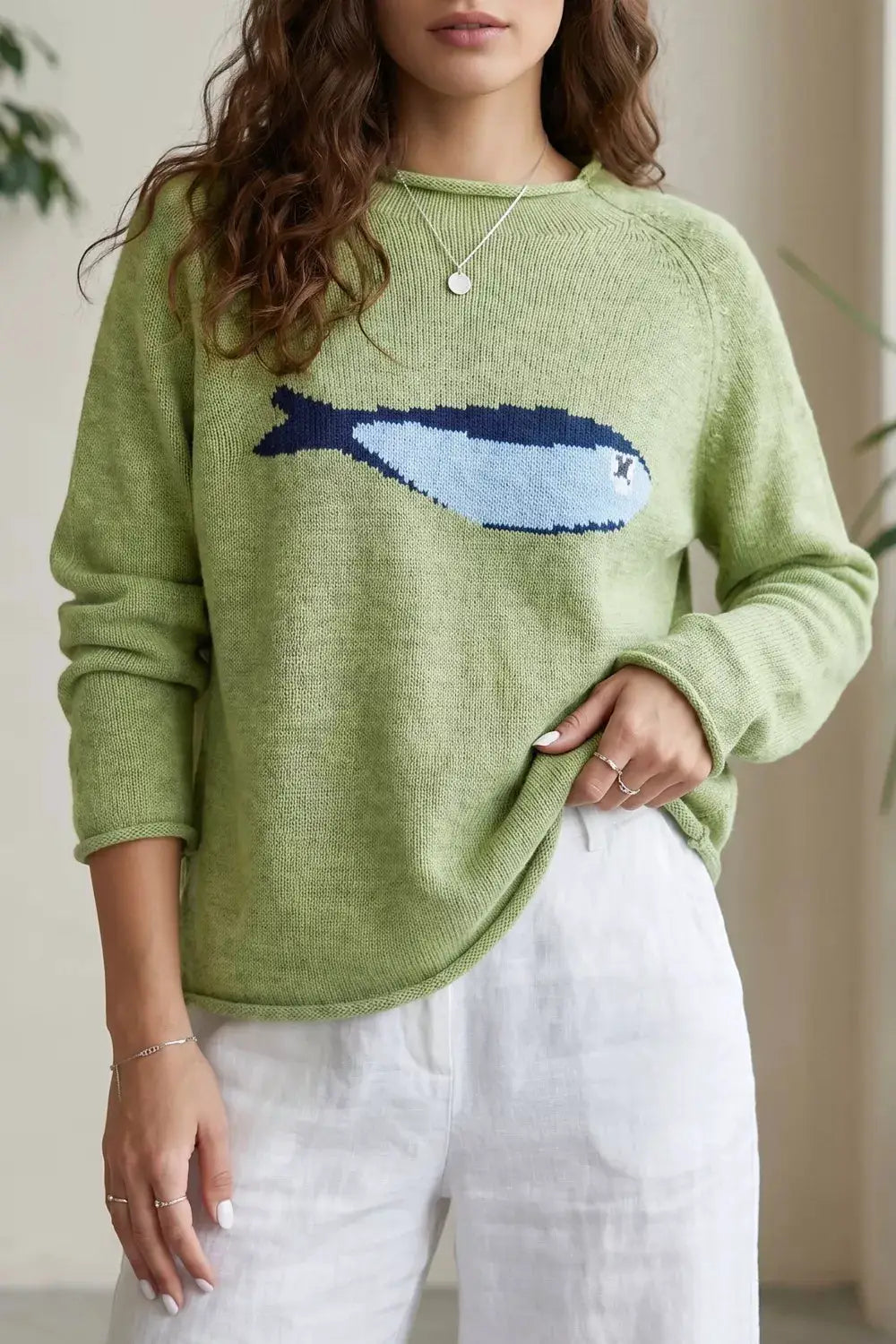 Trendsi fish-graphic round-neck knit sweater pullover in light green