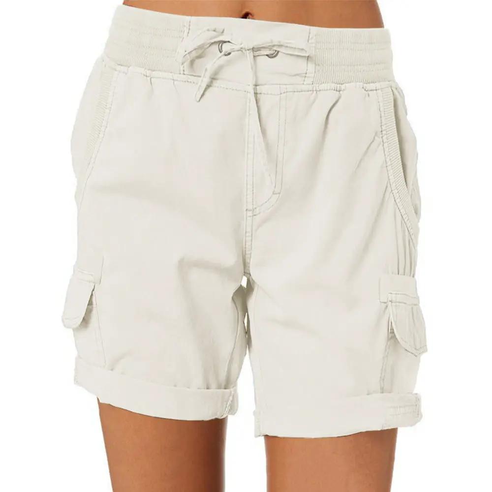 Lightweight women's cargo shorts with drawstring and deep pockets in beige.
