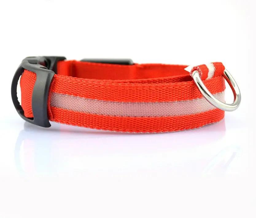 Nylon LED dog collar with reflective stripe, red-orange, adjustable, metal D-ring