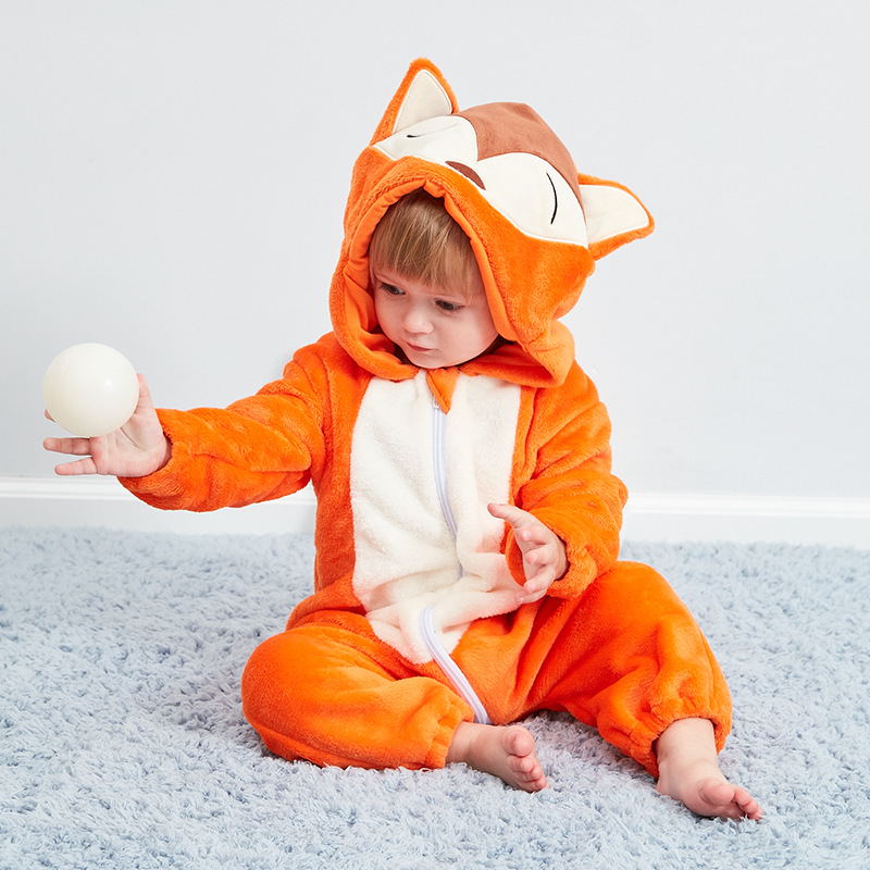 Baby fox jumpsuit with hood and ears, orange fleece, white belly, front zipper.