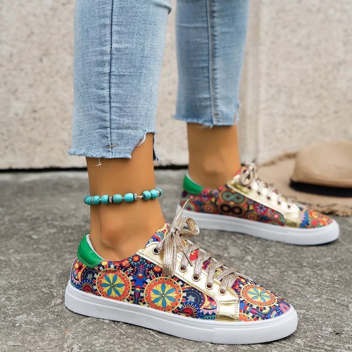 Printed Round Toe Sneakers with multicolor mandala print, gold-tone accents, white sole