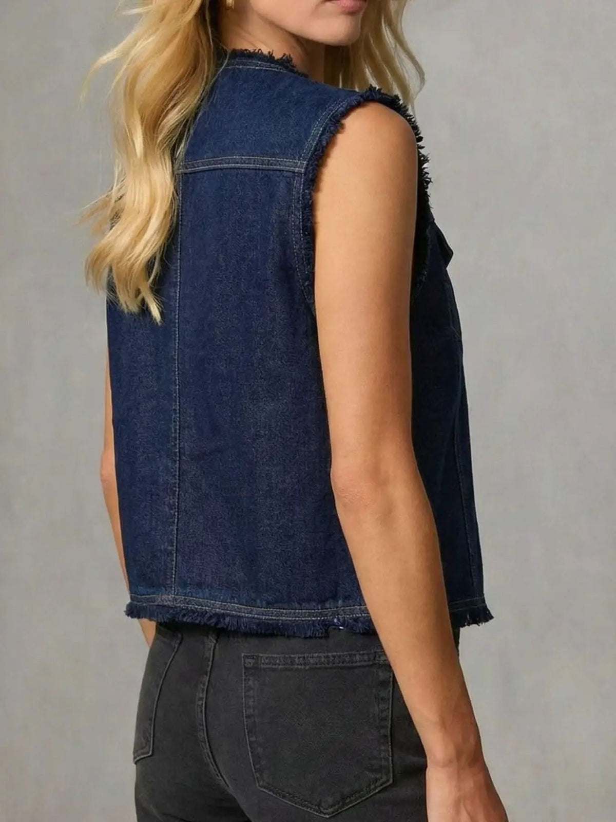 Women's denim vest with frayed hem, sleeveless, dark wash