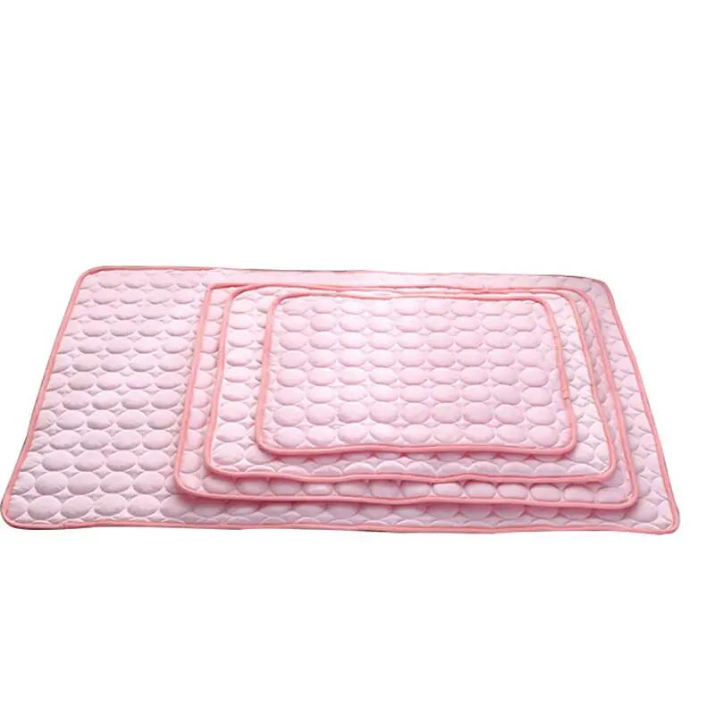 Pink ice-silk cooling nest pad set for pets; three quilted mats for dogs and cats