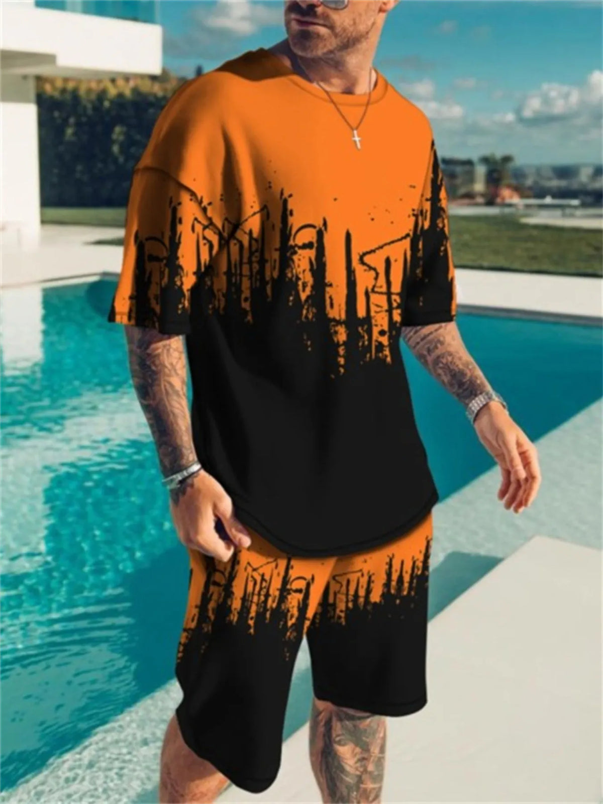 Men's plus-size two-piece color-block short-sleeve top and shorts set by Trendsi, orange and black gradient