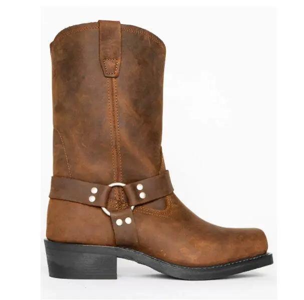 Boots AdTec vintage men's western boots, brown leather with harness strap and silver studs