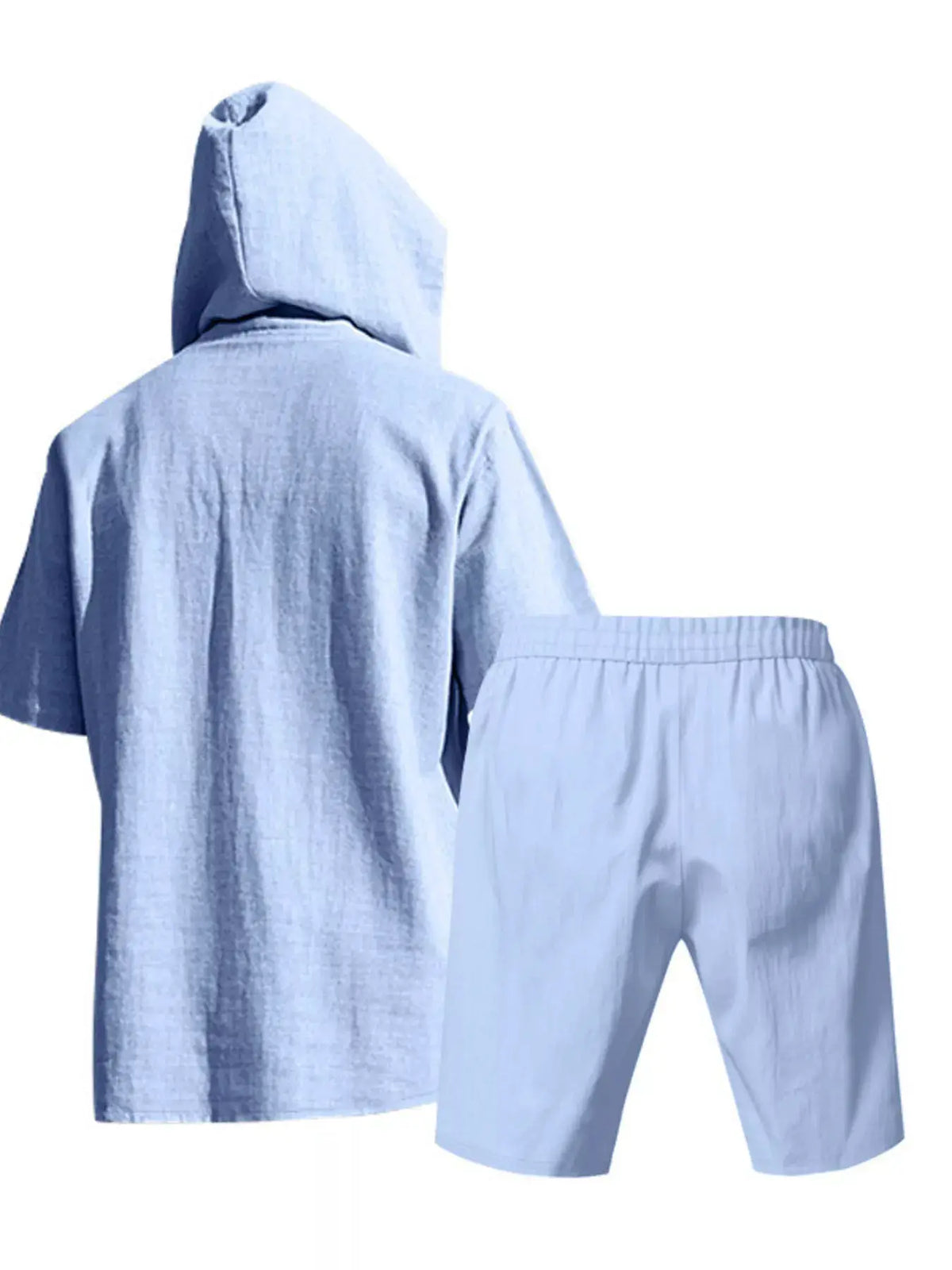 Mens linen-blend hooded top and shorts set in light blue, casual two-piece outfit