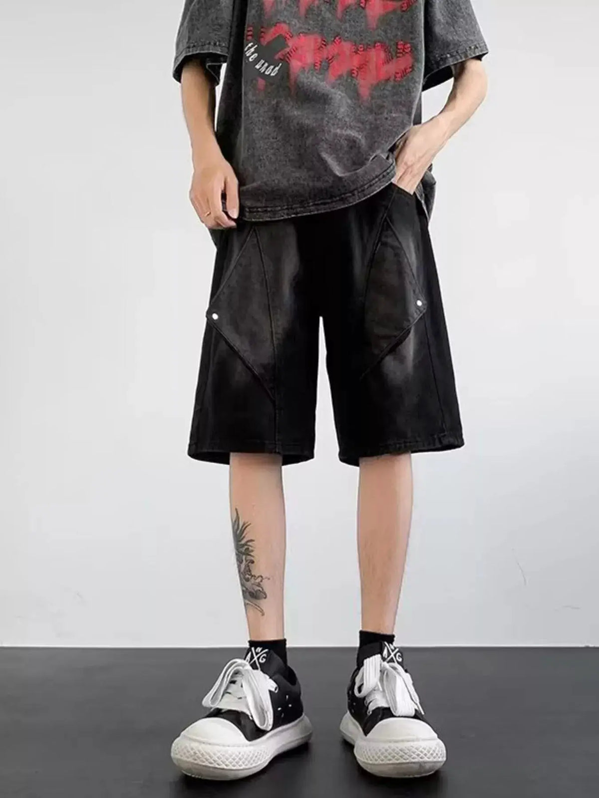 Mens plus-size washed denim shorts with soft cotton-stretch pockets, black cargo style