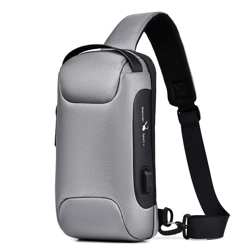 Anti-theft Oxford Chest Bag in grey with padded laptop sleeve and zippered pockets
