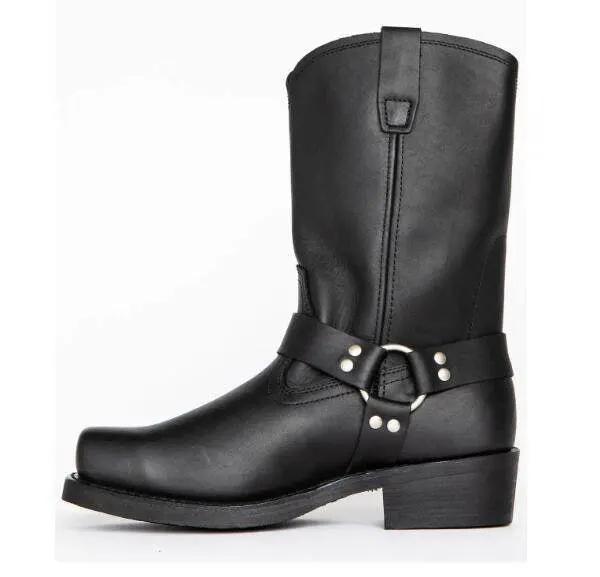 AdTec vintage men's western boots, black leather with decorative strap and metal studs, genuine leather soles