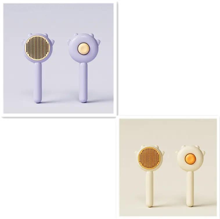 Cat grooming massage comb brush for pets; purple and cream color variants, two items shown