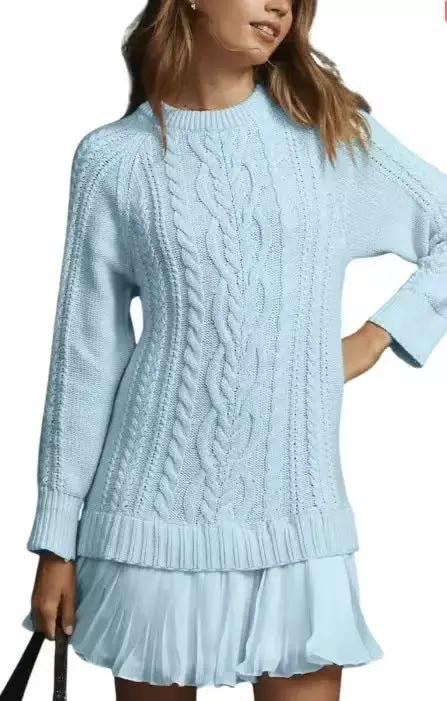 Women cable knit sweater by eprolo in light blue, relaxed fit, soft daily layer top