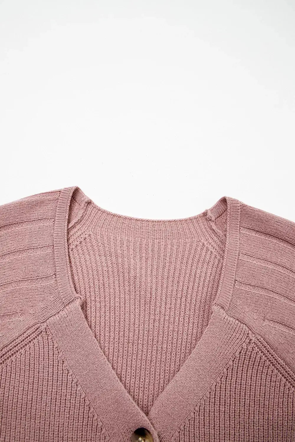 V-Neck Button-Down Cardigan in dusty pink knit with ribbed texture and front button closure