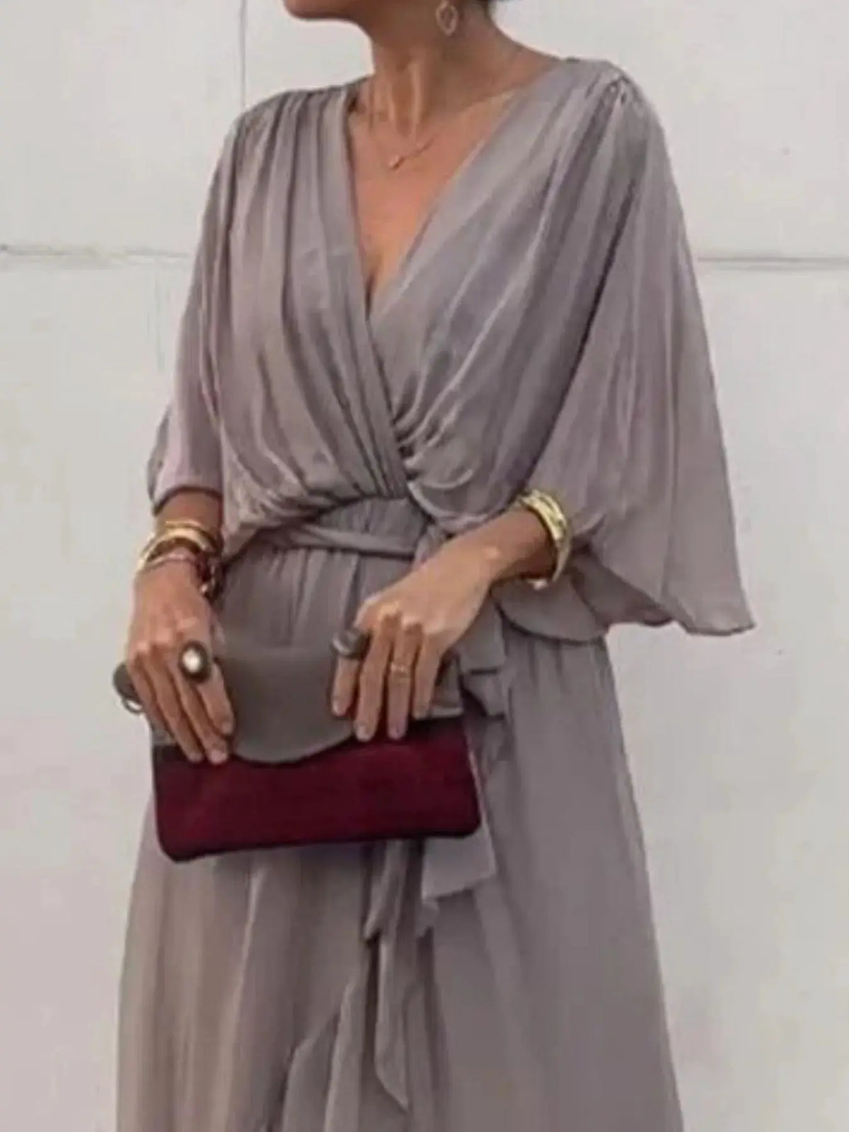 Full Size Flowy Tie Front Midi Dress with Flutter Sleeves Plus Size in grey by Trendsi