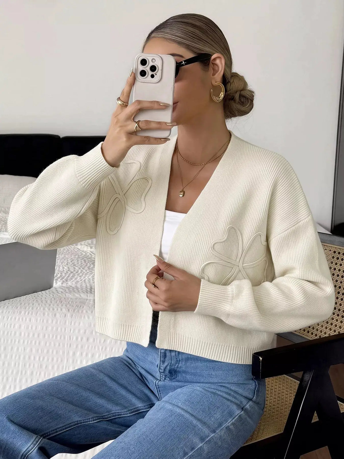 Four-Leaf Clover Open Front Cardigan in cream knit with embroidered clover motifs