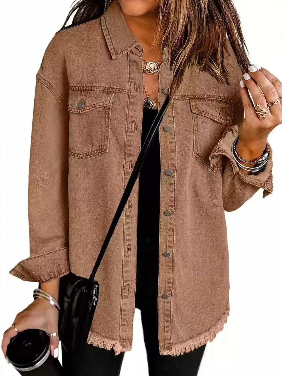 Classic frayed-hem denim jacket with side pockets, button-up front in tan brown.