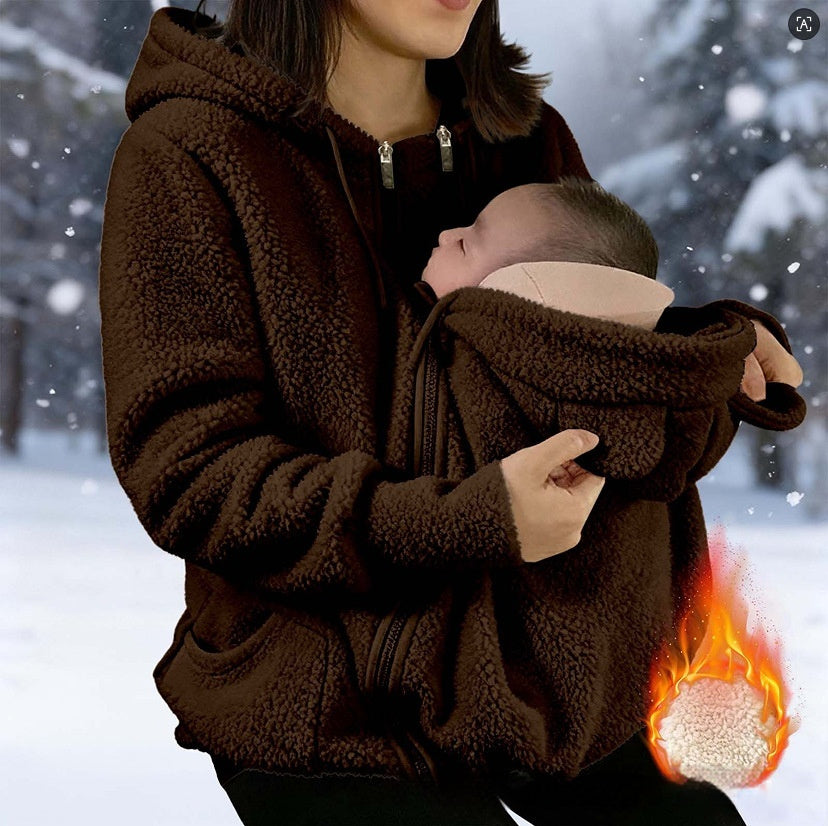 Corduroy Hooded Sweatshirt brown nursing hoodie AdTec worn by a mom outdoors in the snow holding baby
