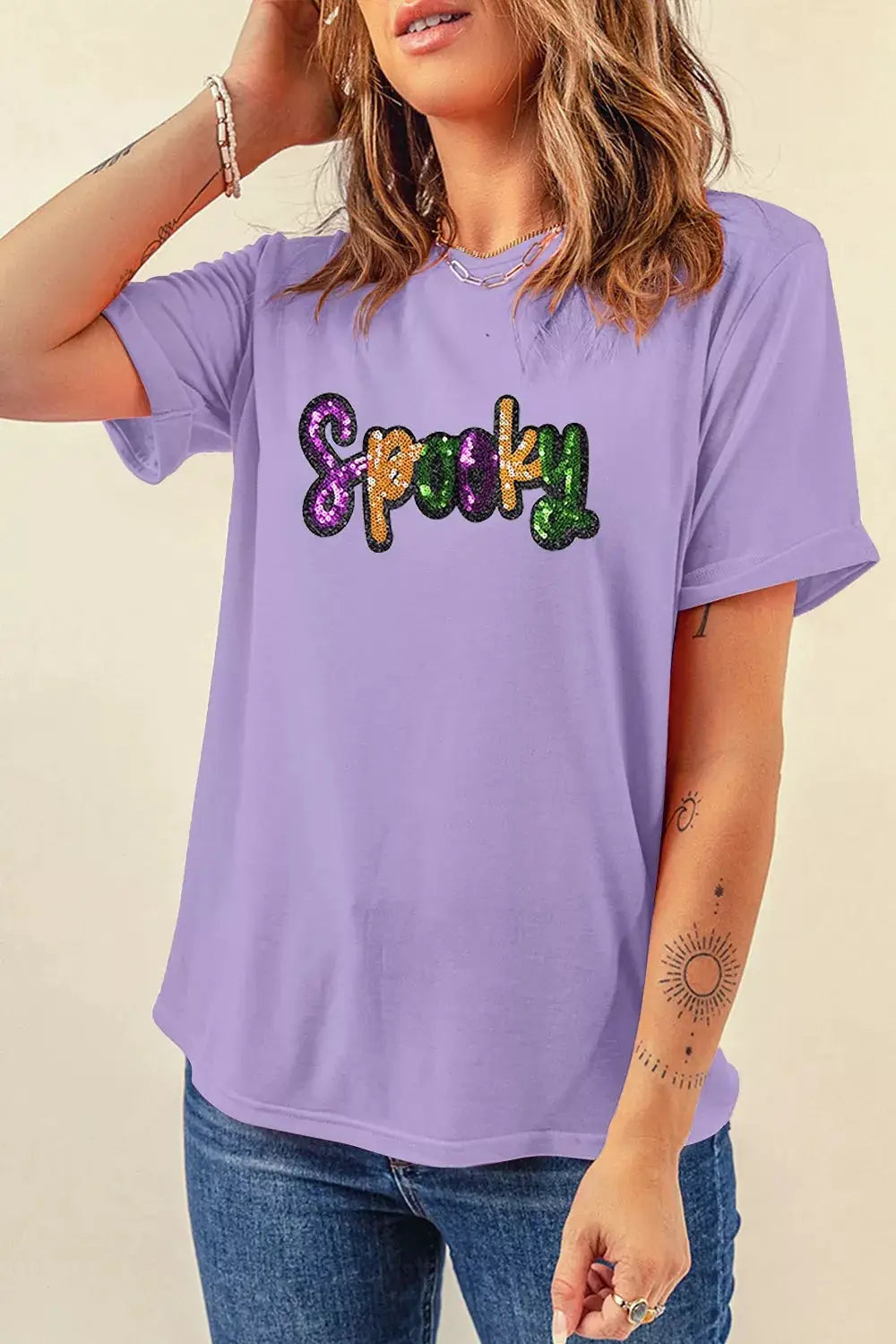 Plus-size T-shirt in lavender cotton-blend with multicolor sequined spooky lettering