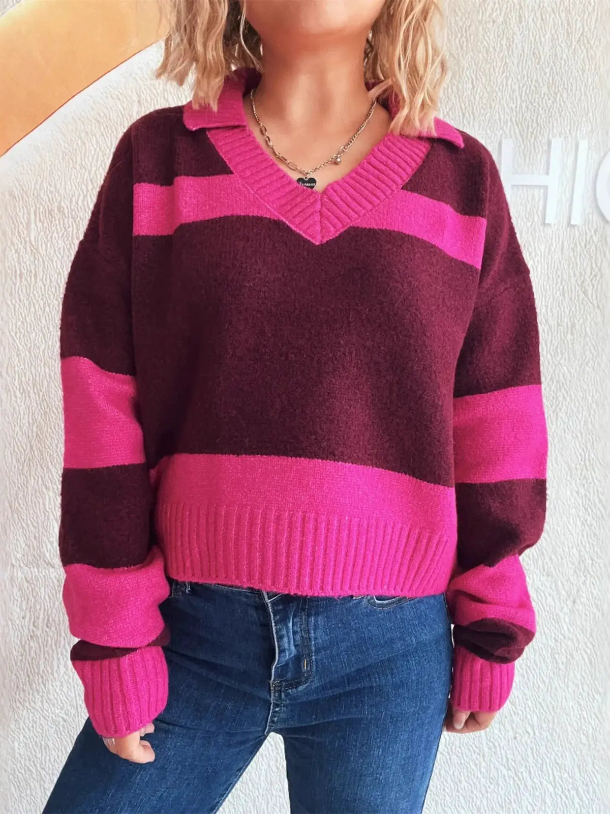 Color block long sleeve sweater in pink and burgundy with a soft stretch polyester blend