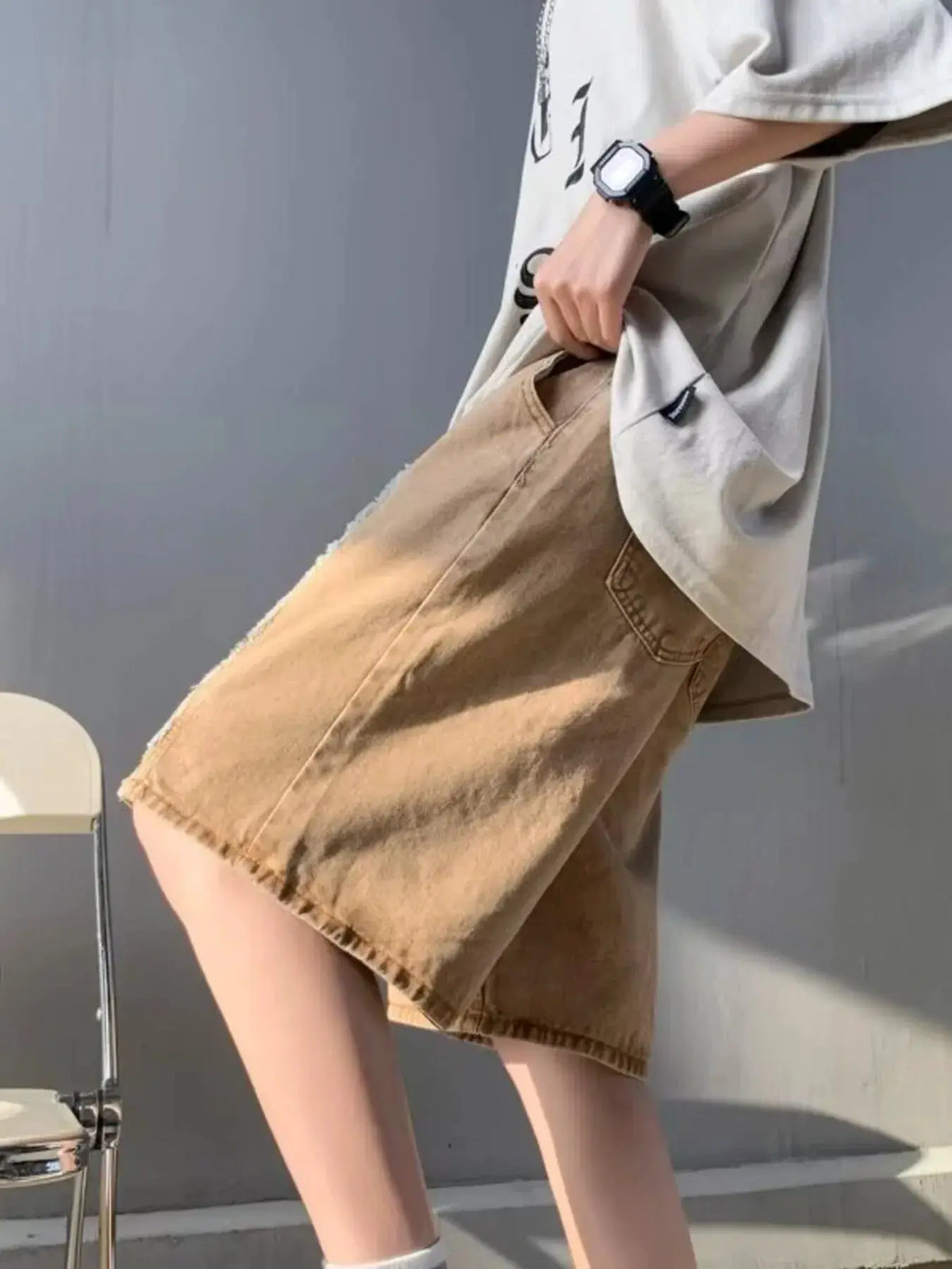 Men's plus-size washed denim shorts with stretch drawstring waist and pockets in tan khaki