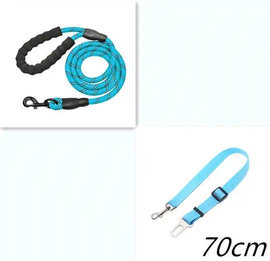 AdTec reflective nylon dog leash two-piece set: blue rope leash with black handle and 70cm blue strap leash