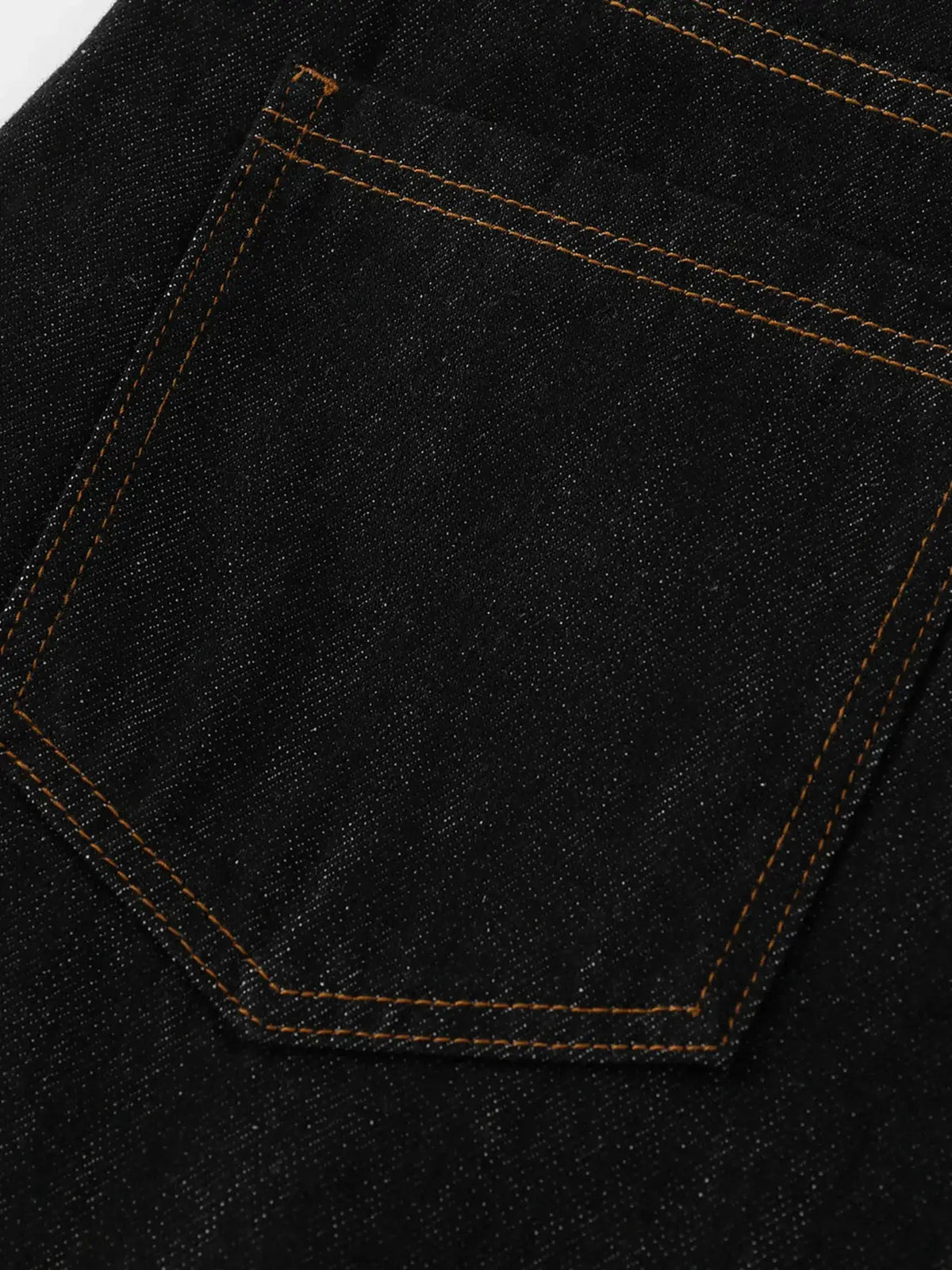 Men's wide-leg denim shorts; dark indigo denim with orange contrast stitching and embroidered pocket detail