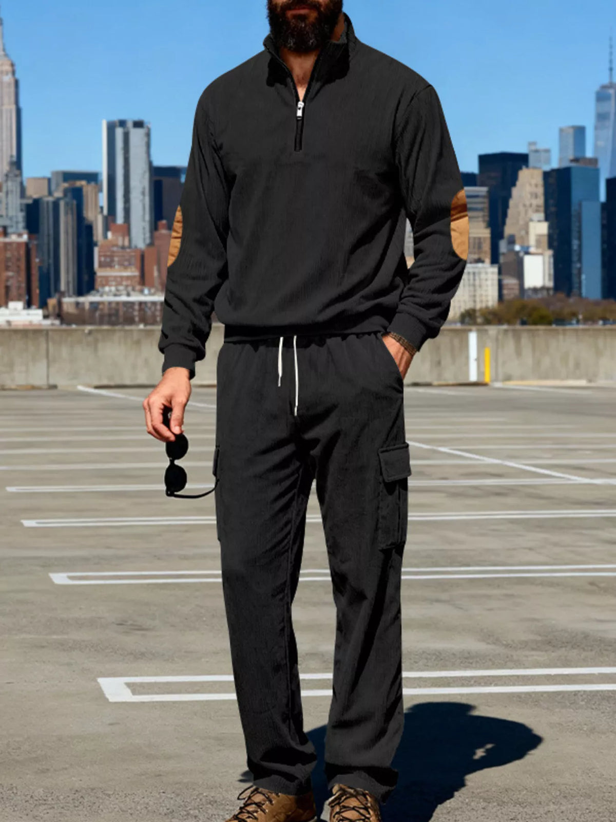 Mens casual matching long sleeve top and pants set, black with brown elbow patches, plus size.