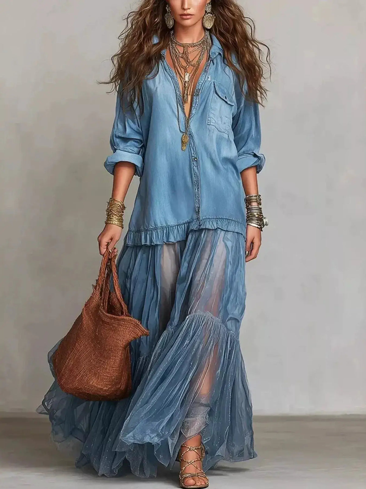 Full-size tiered long-sleeve blue denim shirt maxi dress, plus size