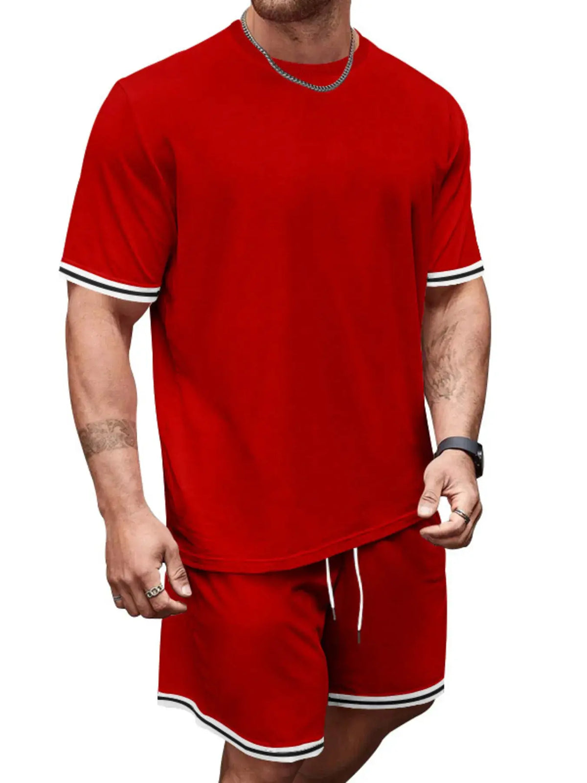 Men's red short-sleeve tee and shorts two-piece summer set with black-and-white striped cuffs