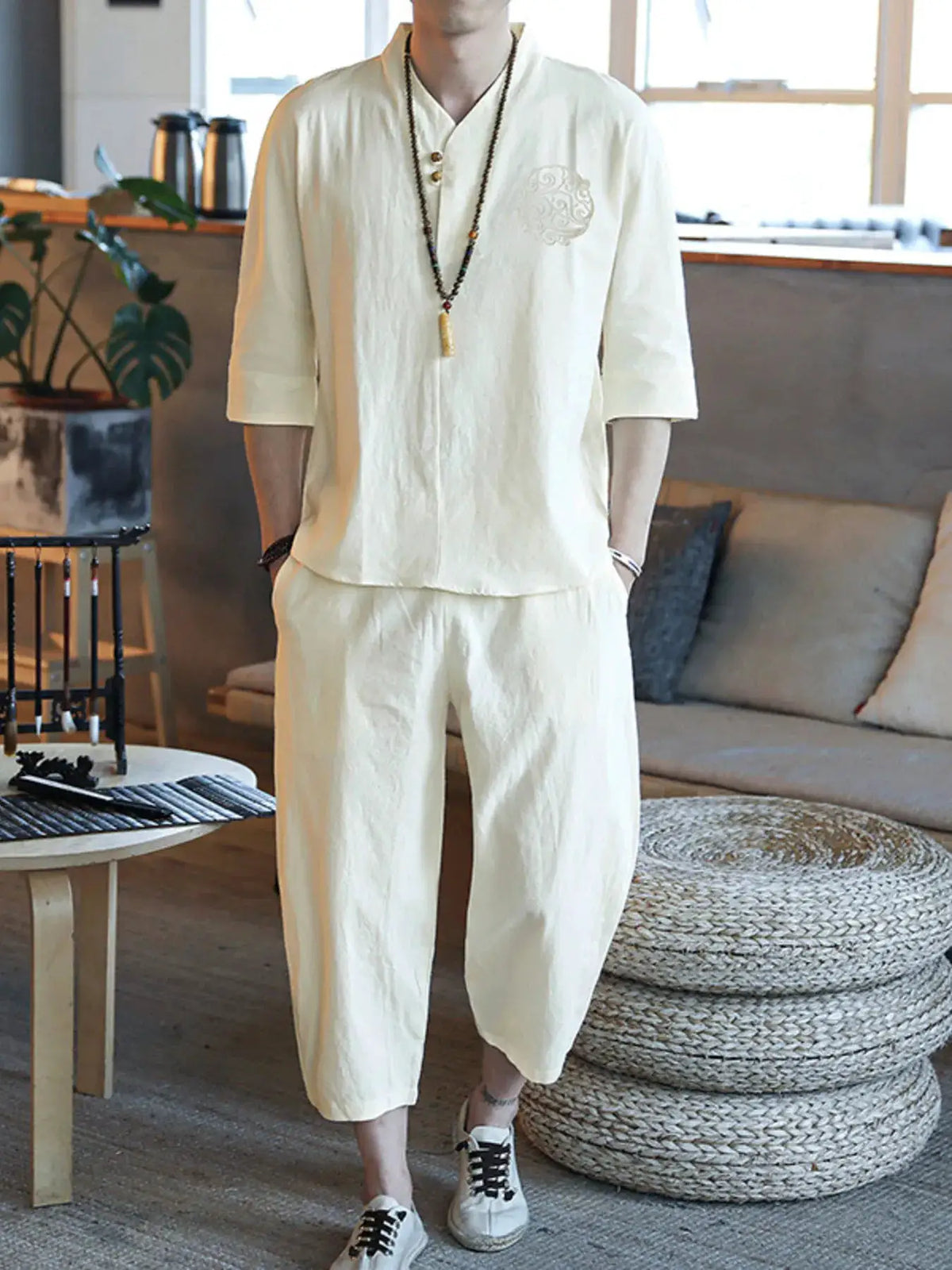 Mens plus-size cream three-quarter sleeve top and pants set by Trendsi
