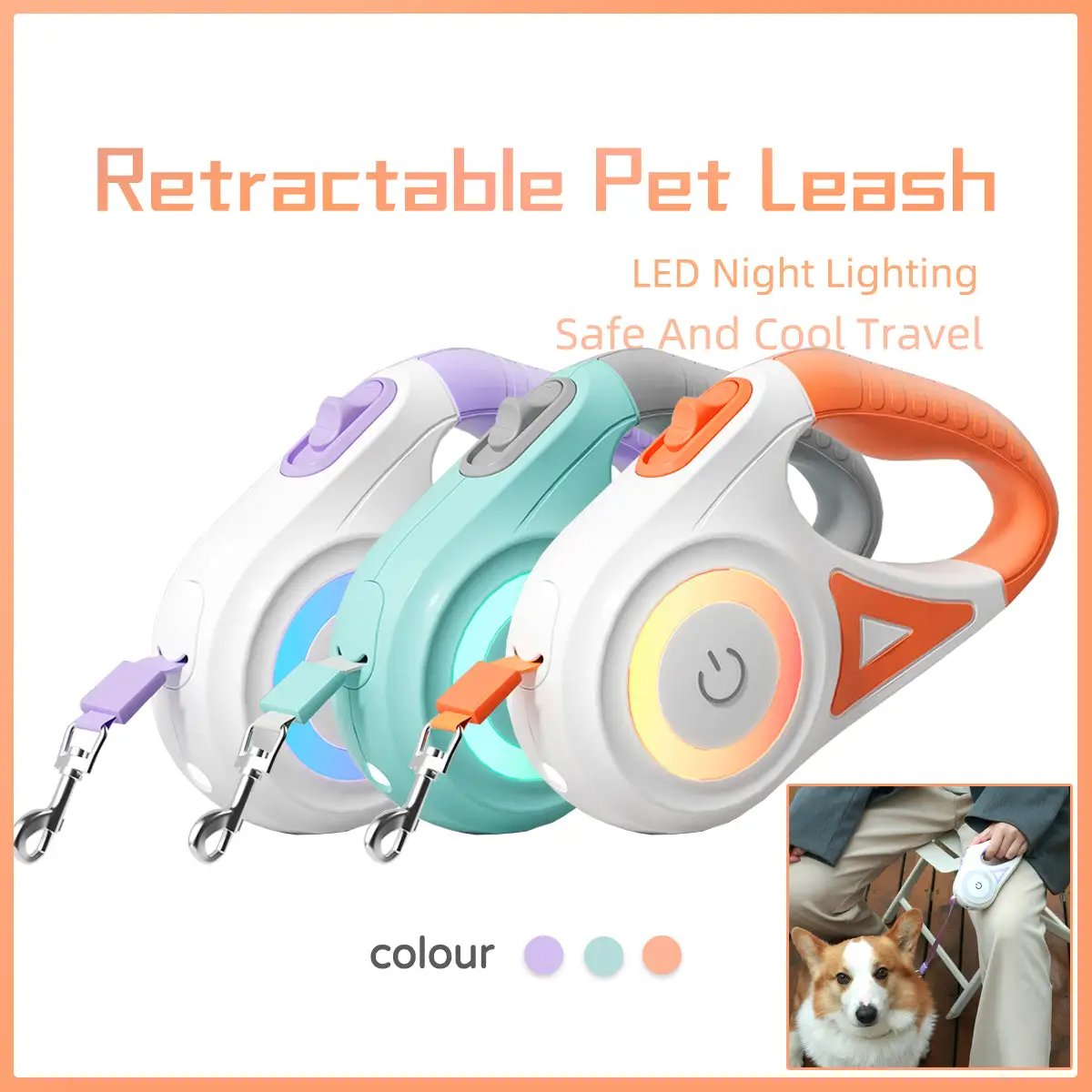 AdTec retractable dog leash with LED light; set of 3 color variants (purple, teal, orange) for small to medium dogs