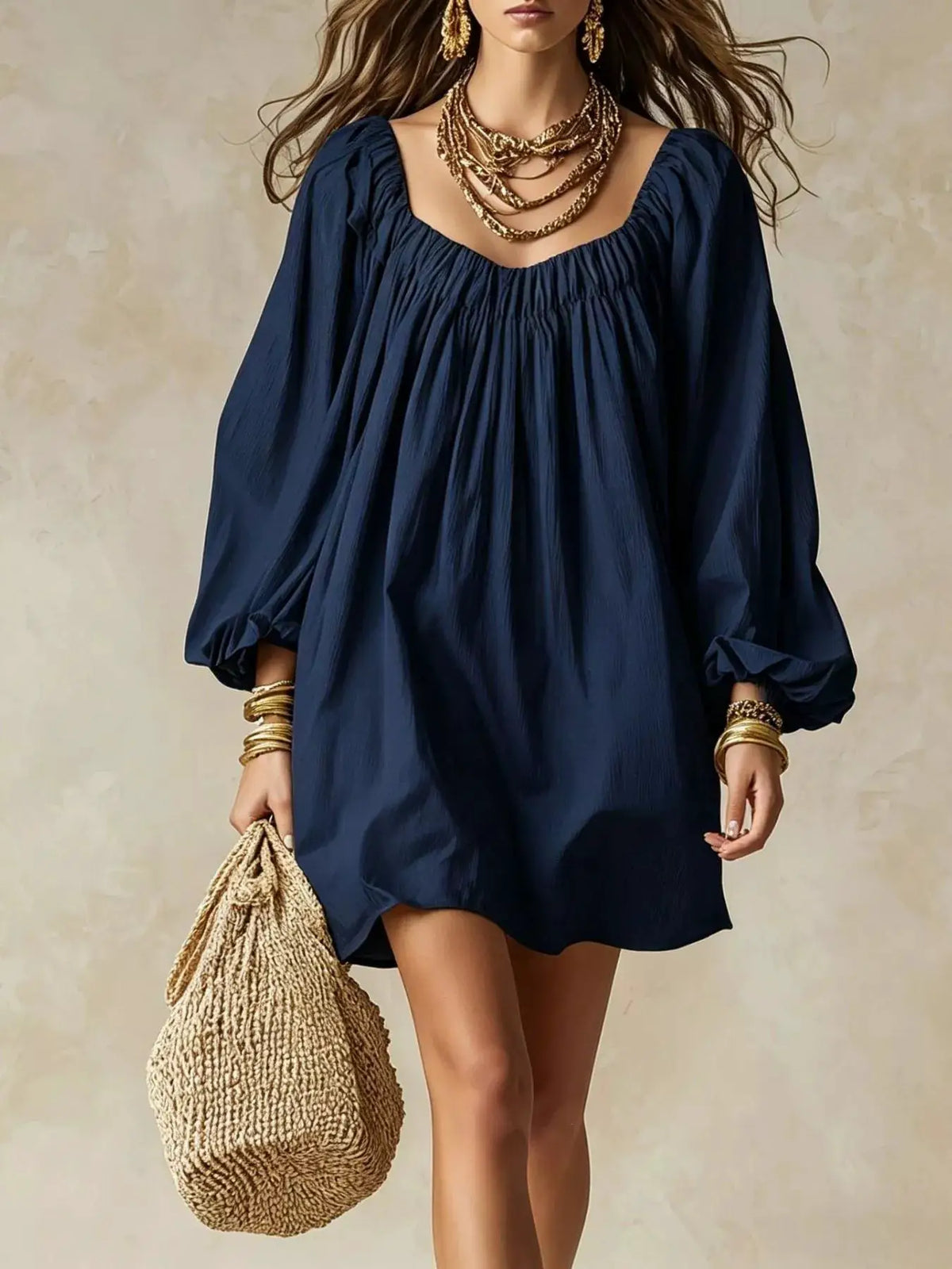 Flowy Balloon Sleeve Mini Dress in navy by Trendsi with a ruched neckline