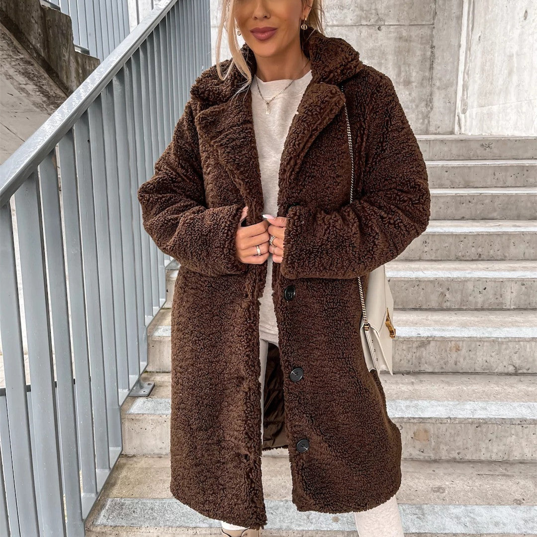 Haut de veste en peluche à revers et manches longues pour femme