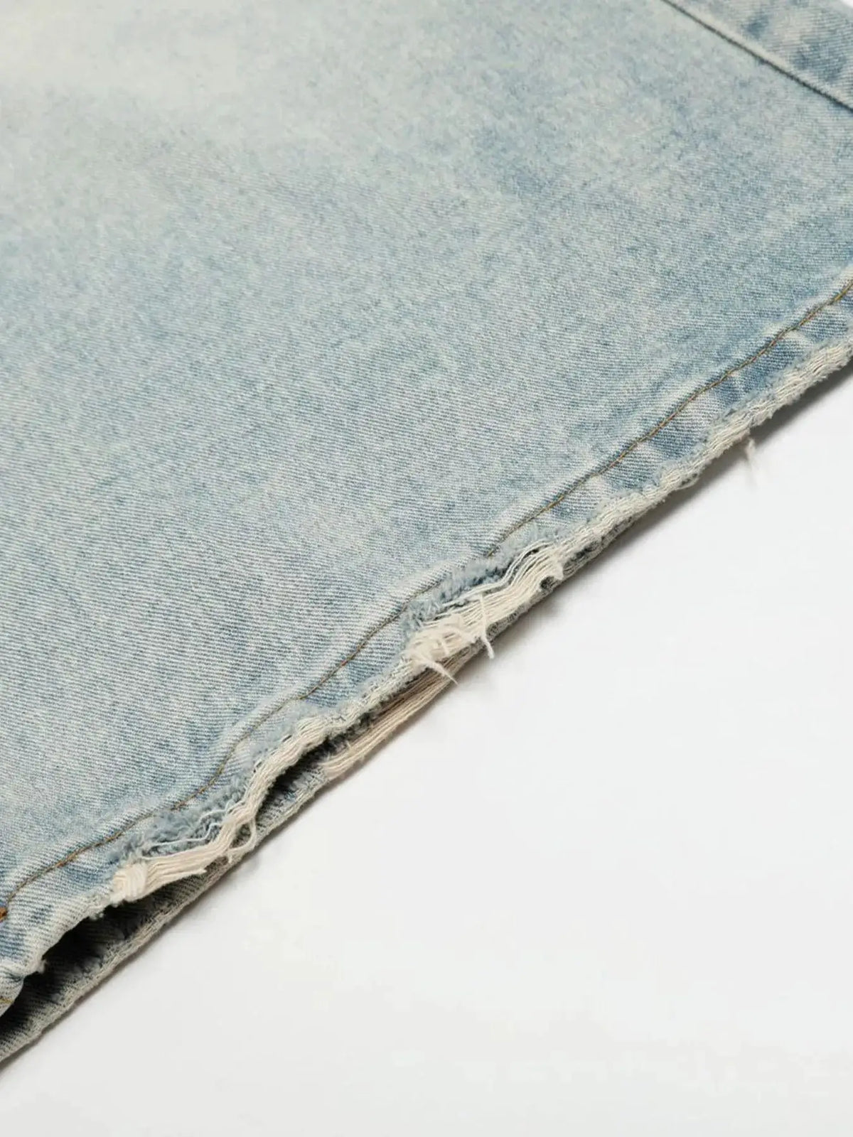 Mens wide-leg denim shorts, light blue denim, soft cotton, frayed hem