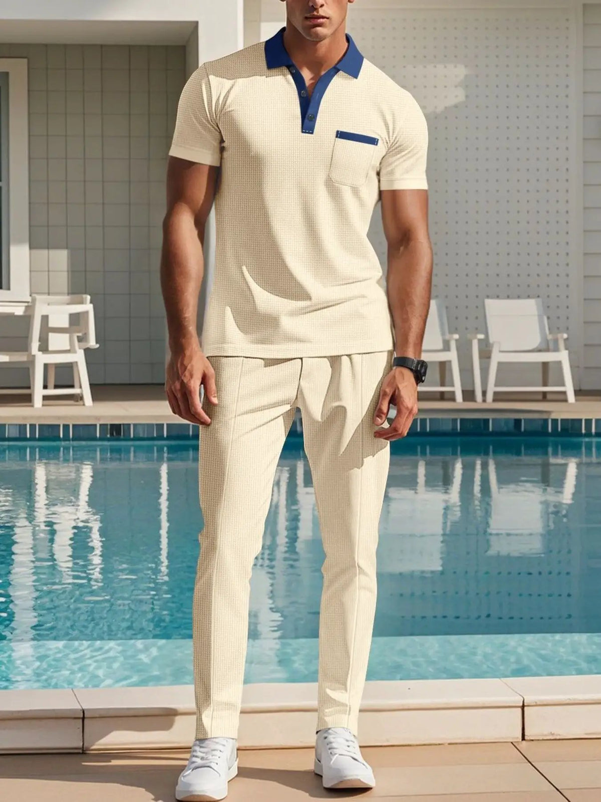 Men's beige matching short-sleeve polo and pants set by Trendsi; blue collar and pocket trim, plus size.