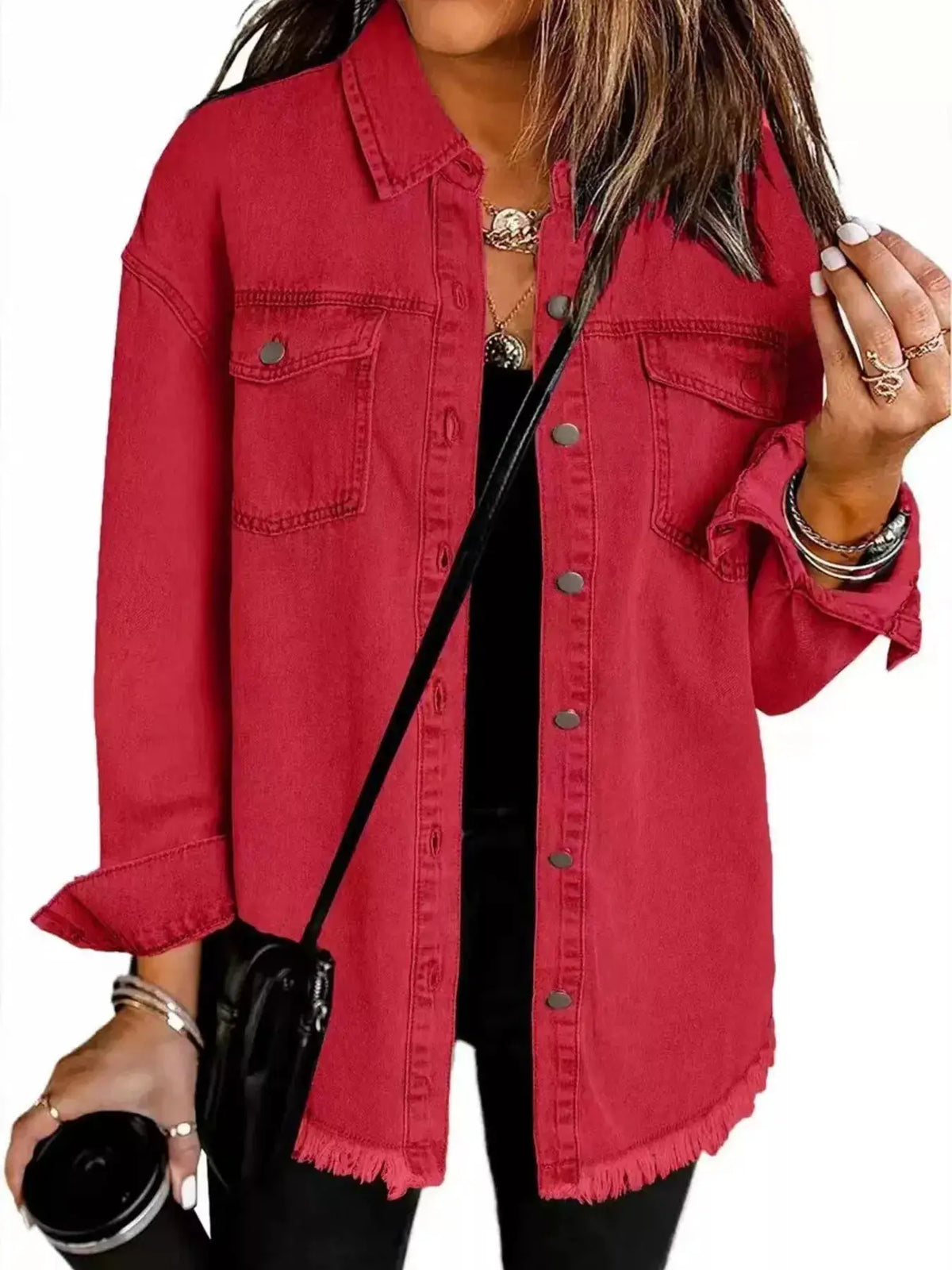 Classic Frayed Hem Button Up Denim Jacket with Side Pockets in red