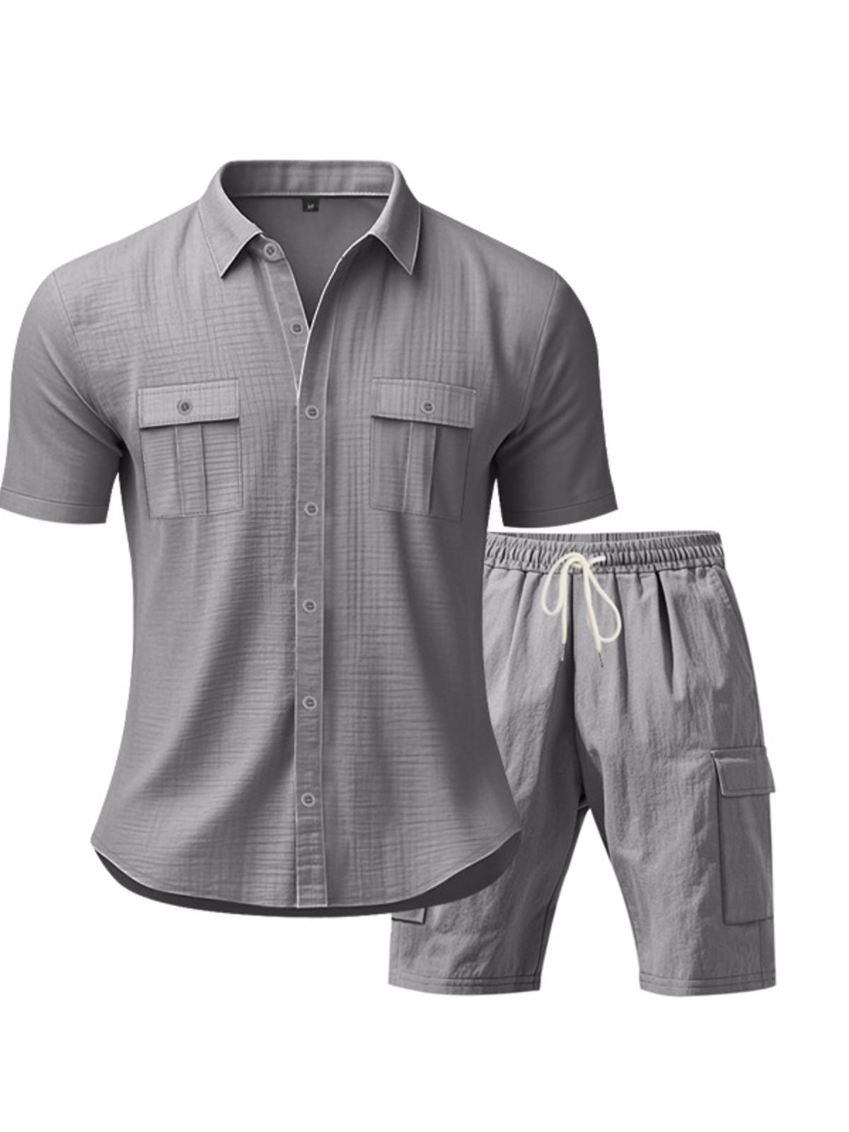 Plus-size two-piece men's button-up shirt and shorts set in gray from Trendsi; shirt features two chest pockets.