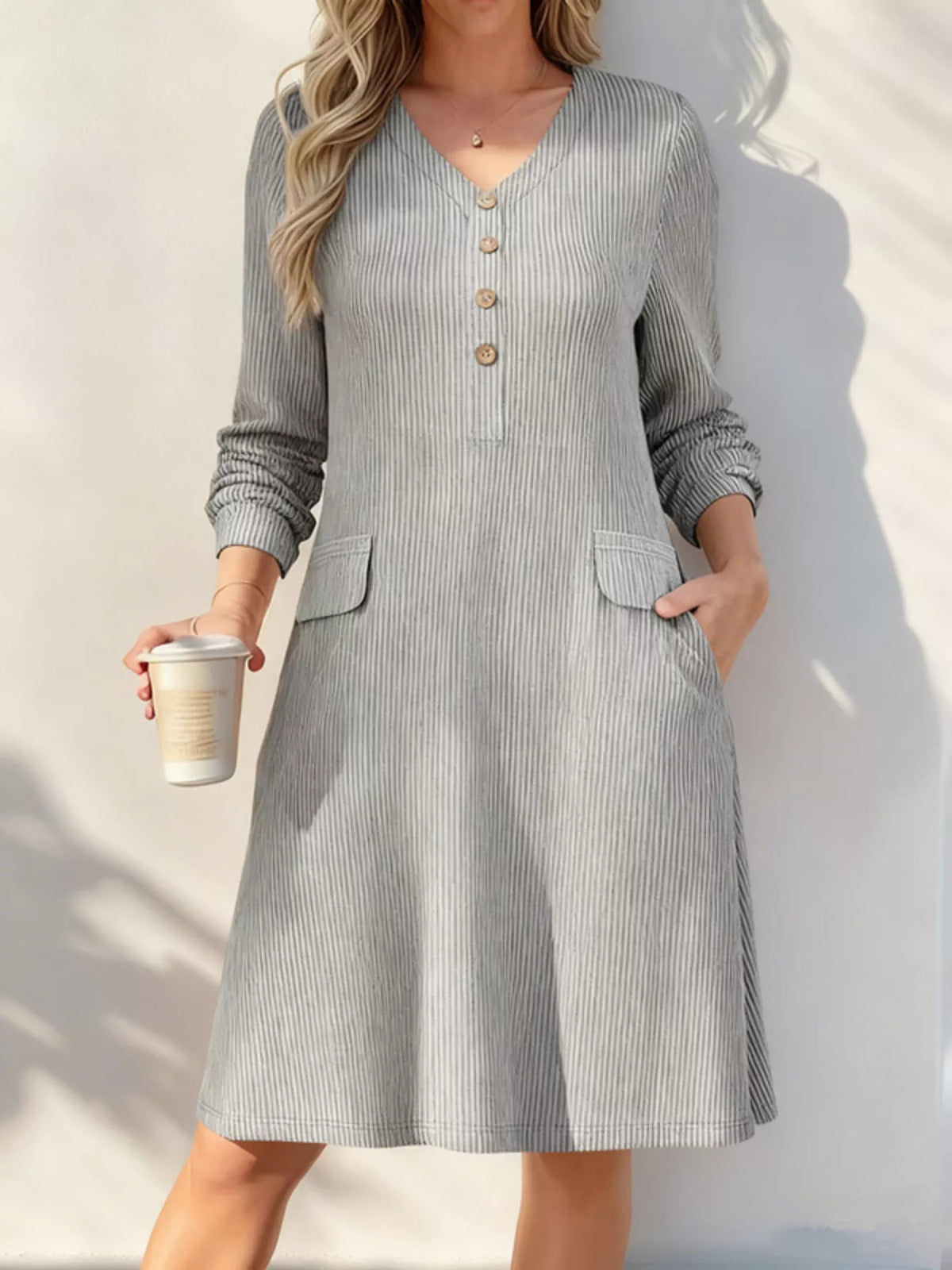 Full-size ribbed knit V-neck dress; plus-size, gray striped, buttoned front with pockets