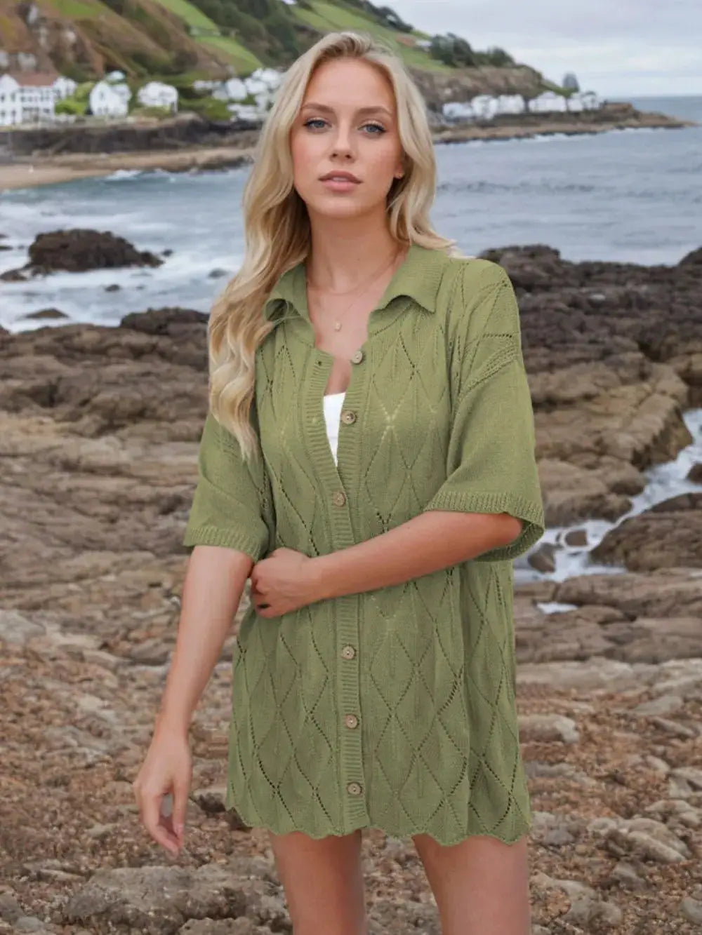 Womens button-down eyelet knit shirt with collared neck in olive green by Trendsi