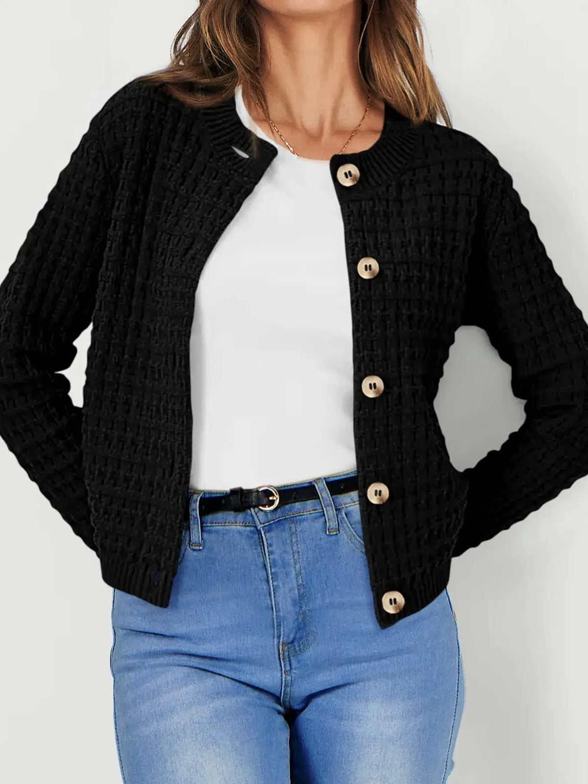 Textured Stretchy Knit Button Front Cardigan by Trendsi; black knit with wooden buttons