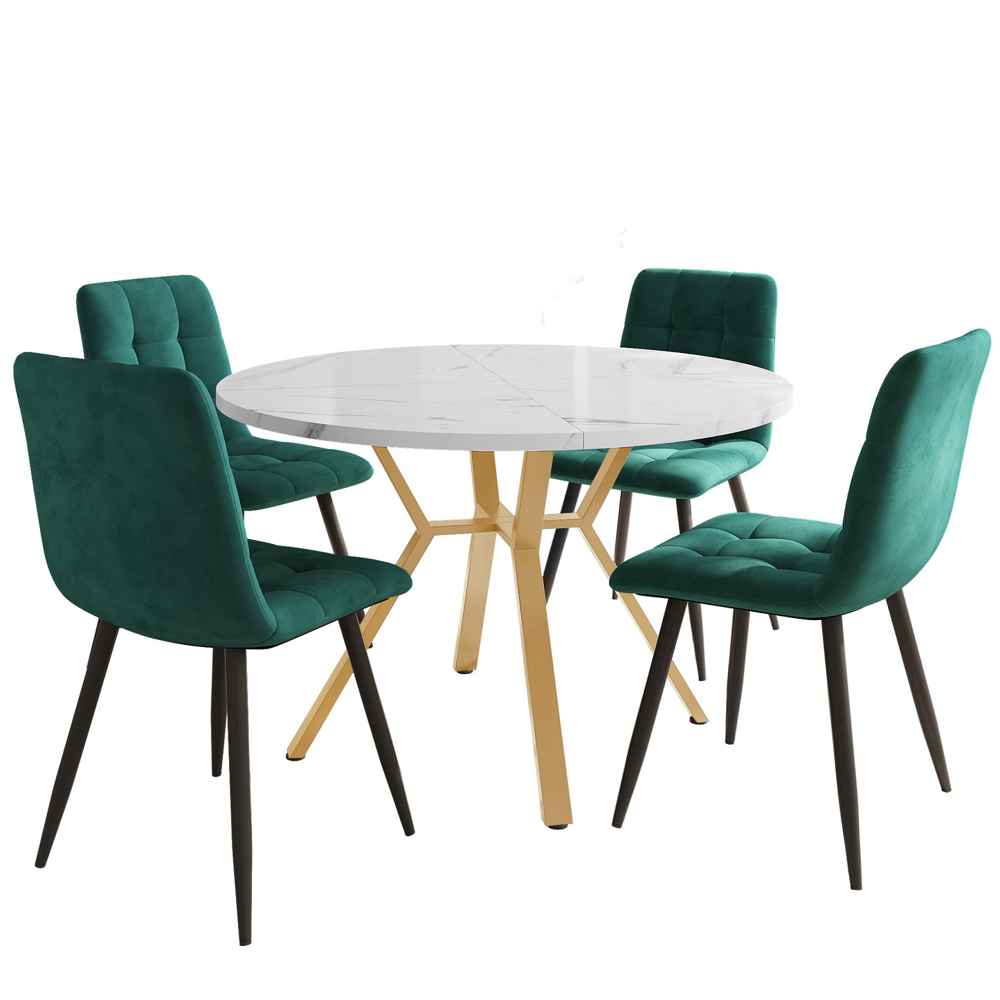 Ensemble table et chaises de salle à manger 5 pièces, moderne, simple, table ronde en marbre et chaises, pieds de table en métal doré, 4 chaises ergonomiques en velours, chaises de salle à manger vertes