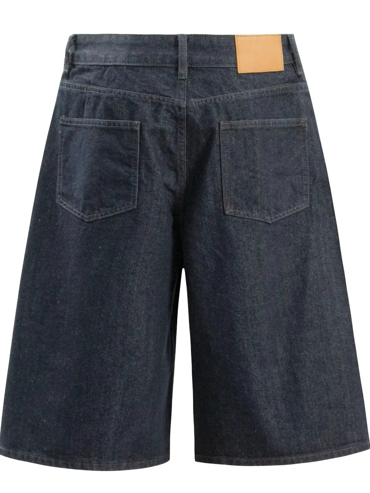 Men's wide-leg denim shorts with cotton stretch, dark wash, tan leather brand patch and back pockets, Trendsi