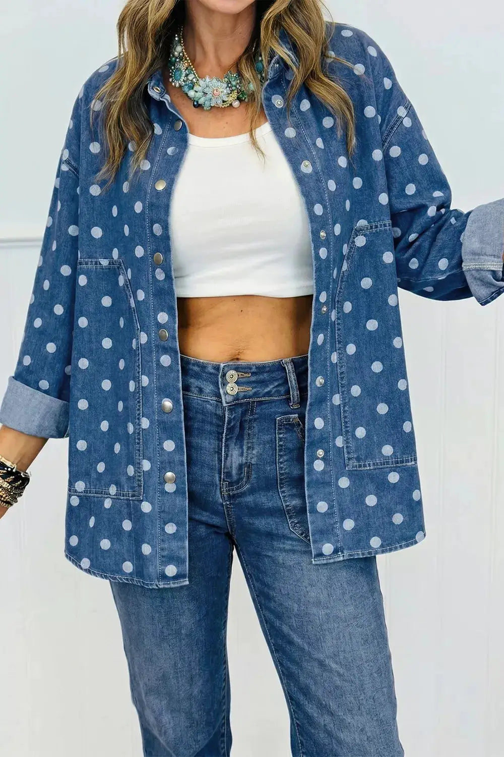 Polka dot blue denim tunic jacket with utility pockets and button closure, by Trendsi