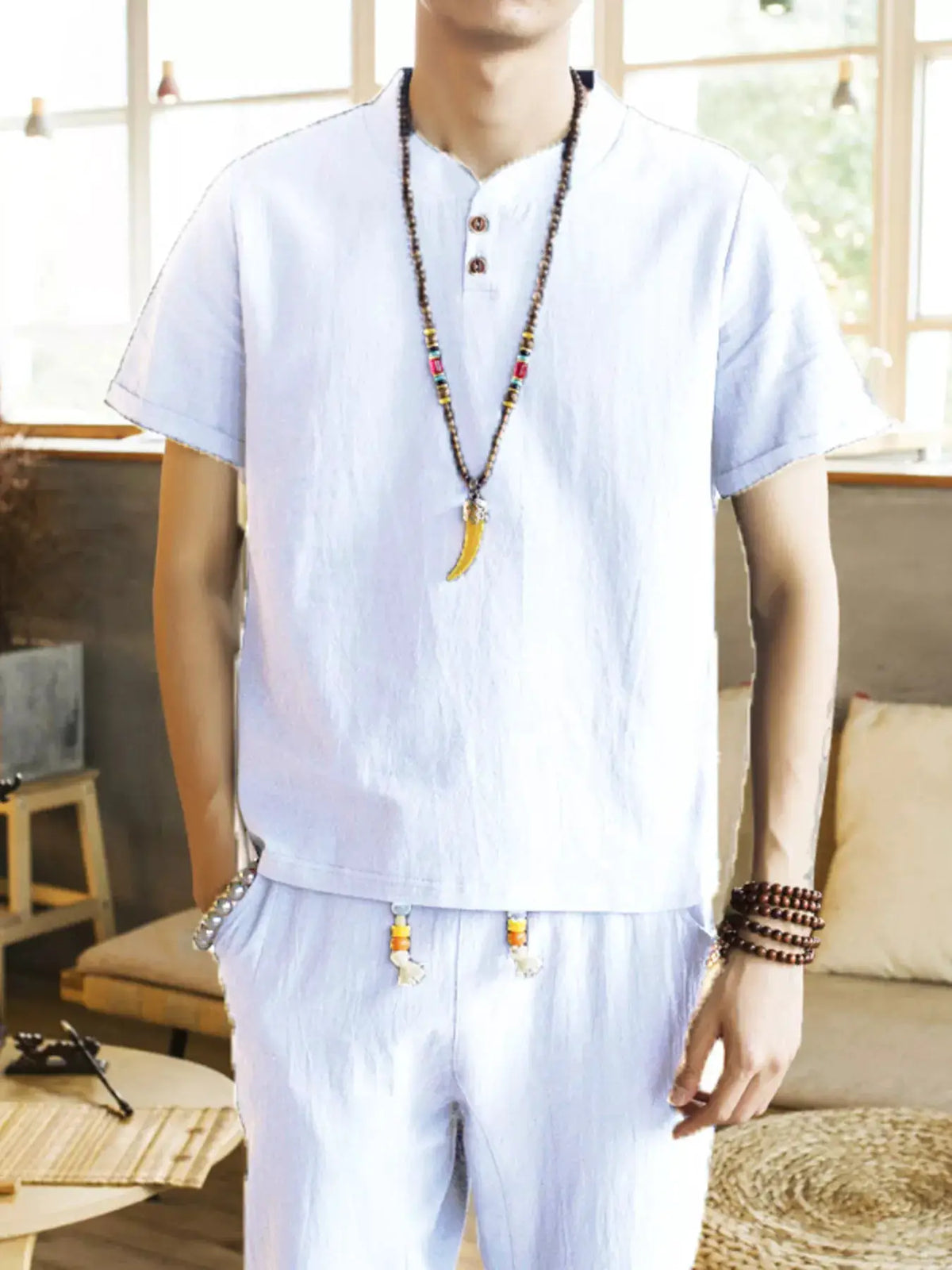 Mens plus size two-piece short-sleeve button-front set, light blue